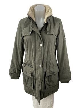 DKNY Women's Green Fleece Collar Full Zip Utility Military Parka Coat Jacket XS